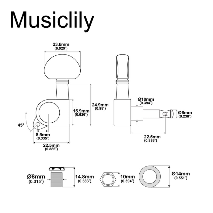 Musiclily Pro R15J Singolo Rapporto 15:1 Testa Macchina Sigillata Completamente per Treble Lato Accordatore Chiave con Pulsante a Mezzaluna per Chitarra Acustica Elettrica