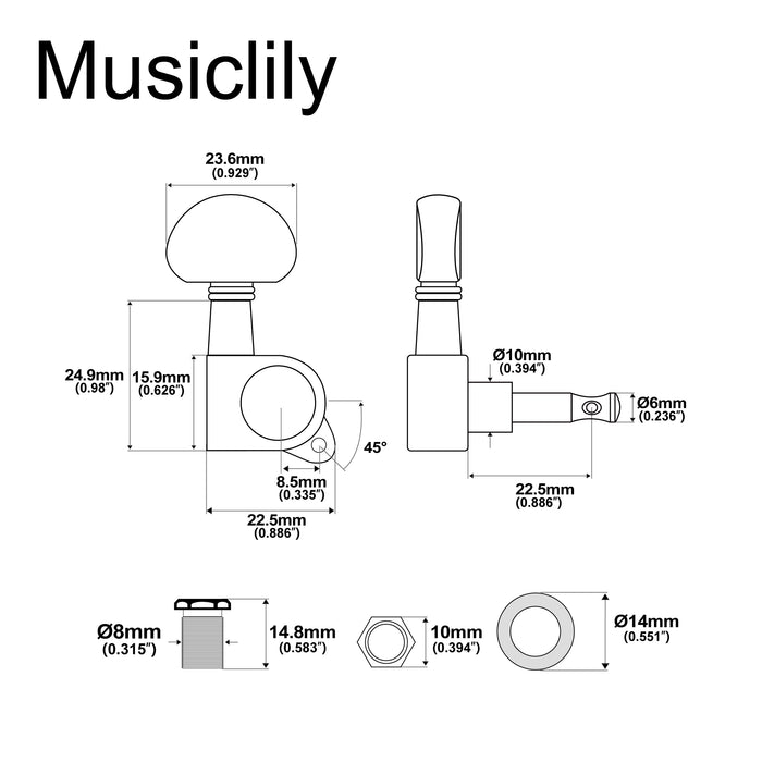 Musiclily Pro R15J Single 15:1 Ratio Full Sealed Machine Head Bass Side Tuner Tuning Peg Key with Half Moon Button for Acoustic Electric Guitar