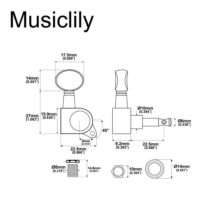 ミュージックリリー Pro R15J シングル 15:1 比率 完全密封式マシンヘッド ベースサイド チューナー チューニングペグ キー ヴィンテージオーバルボタン付き ストラト/テレキャスタータイプ エレキギター用