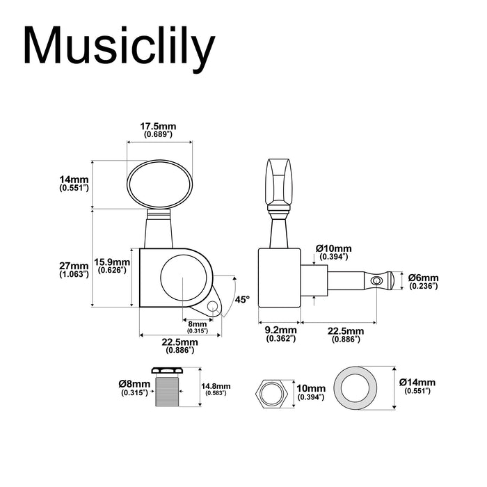 Dimensions of musiclily pro 6 in line guitar sealed tuners tuning keys pegs machine heads set for fender strat tele style guitar vintage oval button mx1347bk 6