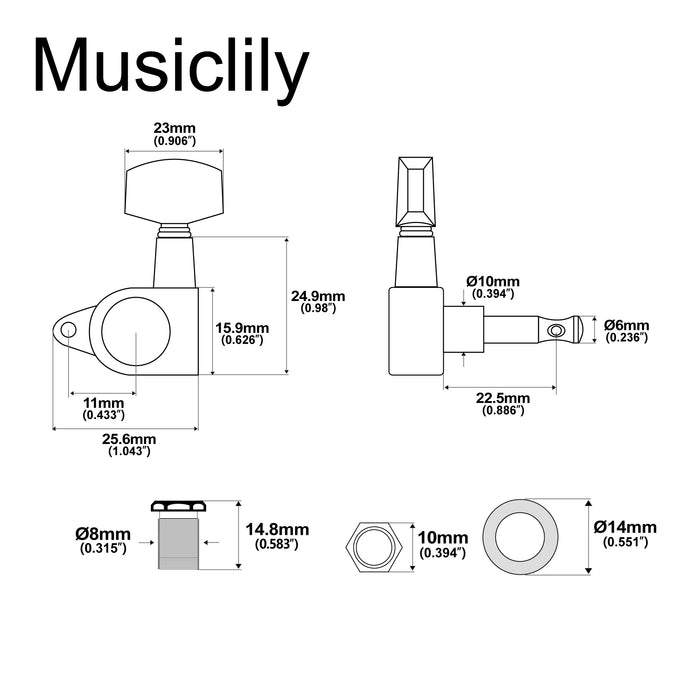 Musiclily Pro R15J Single 15:1 Ratio Full Sealed Machine Head Treble Side Tuner Tuning Peg Key with Big Hex Button Right Angle Screw for Acoustic Electric Guitar