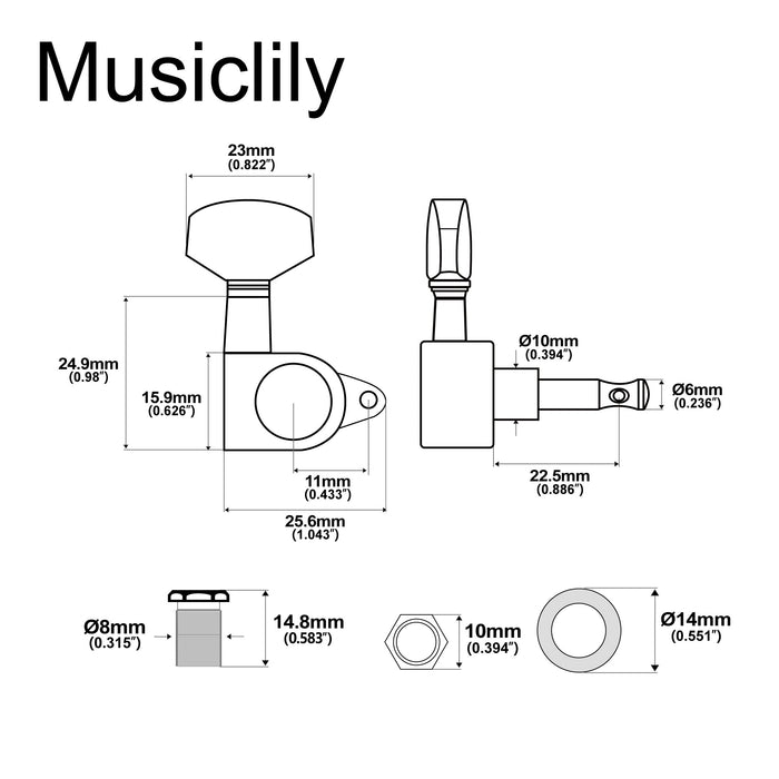 Dimensions of musiclily pro 3r3l 15 1 ratio full sealed machine heads tuners tuning pegs keys with big hex button right angle screw for acoustic electric guitar mx1348bk 3mx1349bk 3