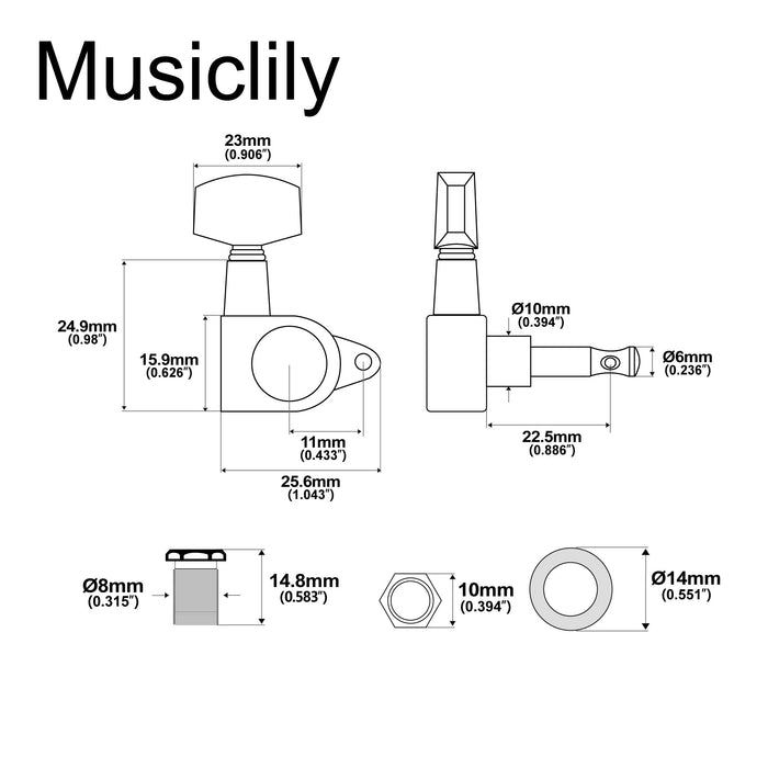 ミュージックリリー Pro R15J シングル 15:1 比率 完全密封式マシンヘッド ベースサイド チューナー チューニングペグ キー 大型ヘックスボタン付き 直角ネジ仕様 アコースティック/エレクトリックギター用
