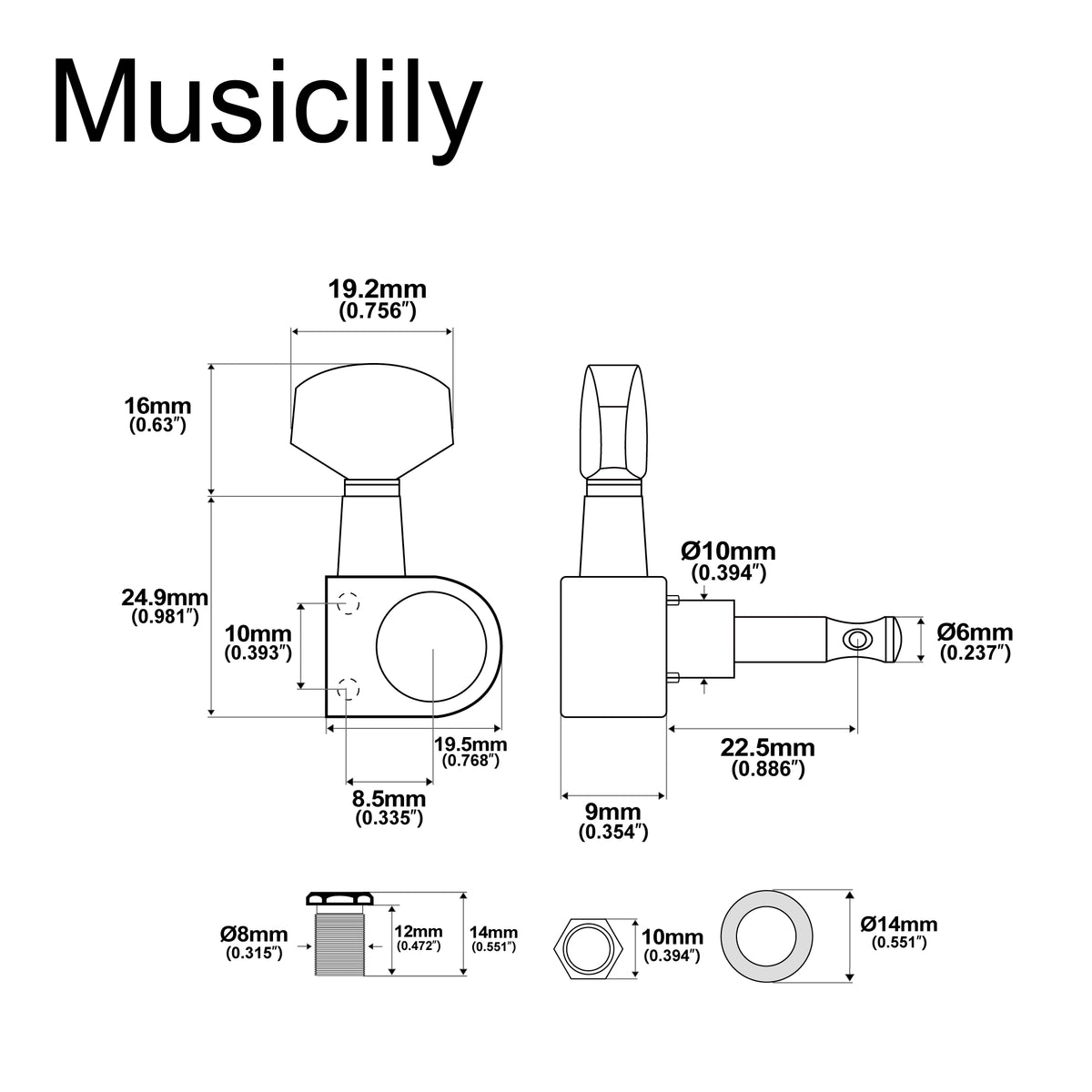 Musiclily Pro R15J-09 6-in-line 15:1 Rapporto 2-pin coprimolle completamente sigillate con pulsante esagonale per chitarra elettrica stile SQ Strat Tele