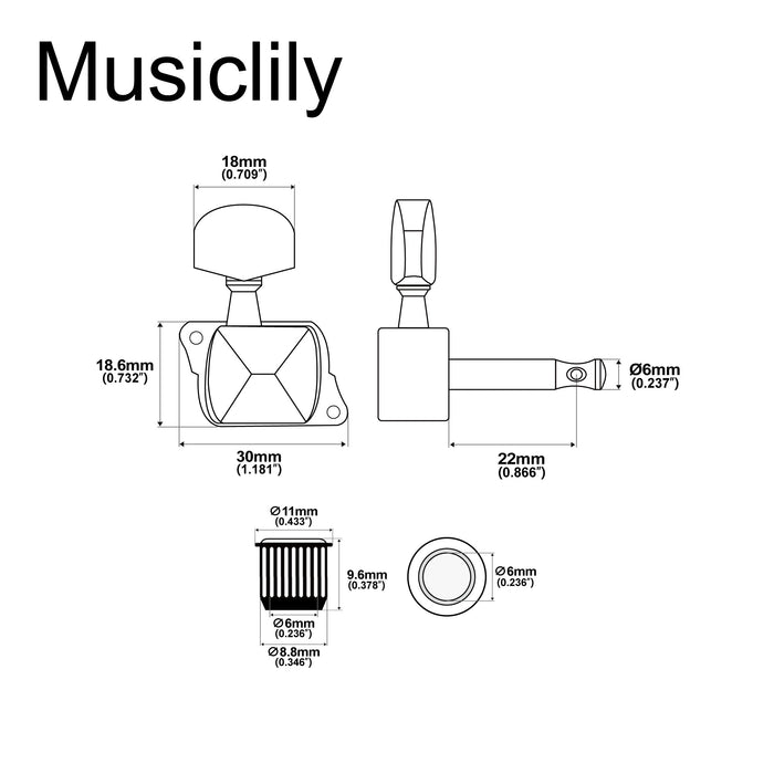 Musiclily Pro R15J Single 15:1 Ratio Semi Closed Machine Head Bass Side Tuner Tuning Peg Key with Hex Button for Strat Tele Style Electric Guitar