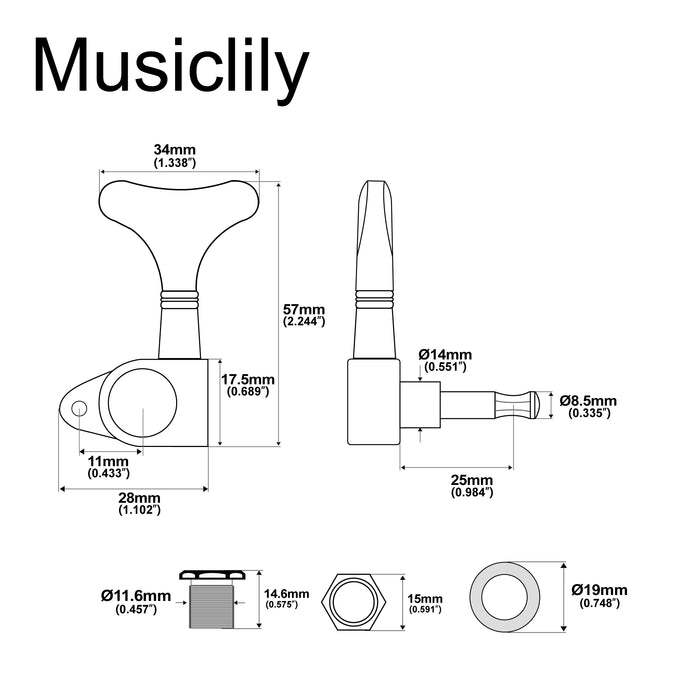 Musiclily Pro Singolo Rapporto 17:1 Testa Macchina Sigillata Completamente per Treble Lato Accordatore Chiave con Pulsante a Y per Basso Elettrico