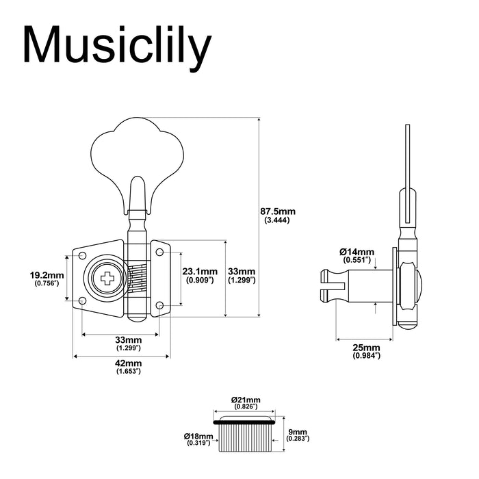 Musiclily Pro Singolo Rapporto 19:1 Testa Macchina Ingranaggi Aperti per Treble Lato Accordatore Chiave con Pulsante a Quadrifoglio per Basso Elettrico