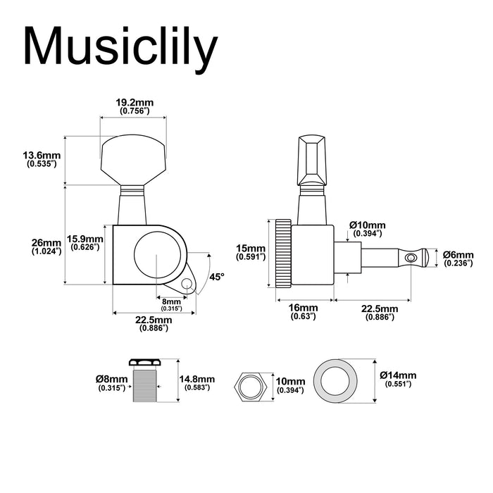 Musiclily Pro R15J 6-in-line 15:1 Ratio Full Sealed Locking Machine Heads Tuners Tuning Pegs Keys with Hex Button for Strat Tele Style Electric Guitar