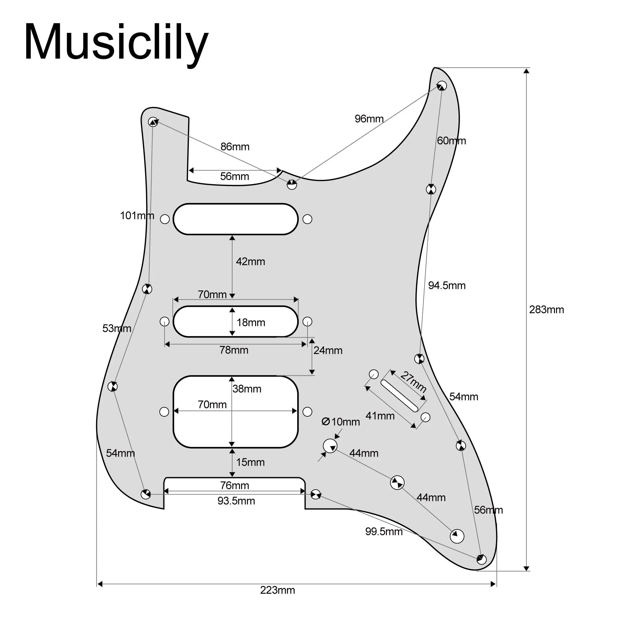 Dimensions of musiclily pro 11 hole round corner hss guitar strat pickguard for usa mexican strat 2 screw humbucking open pickup mx1385p