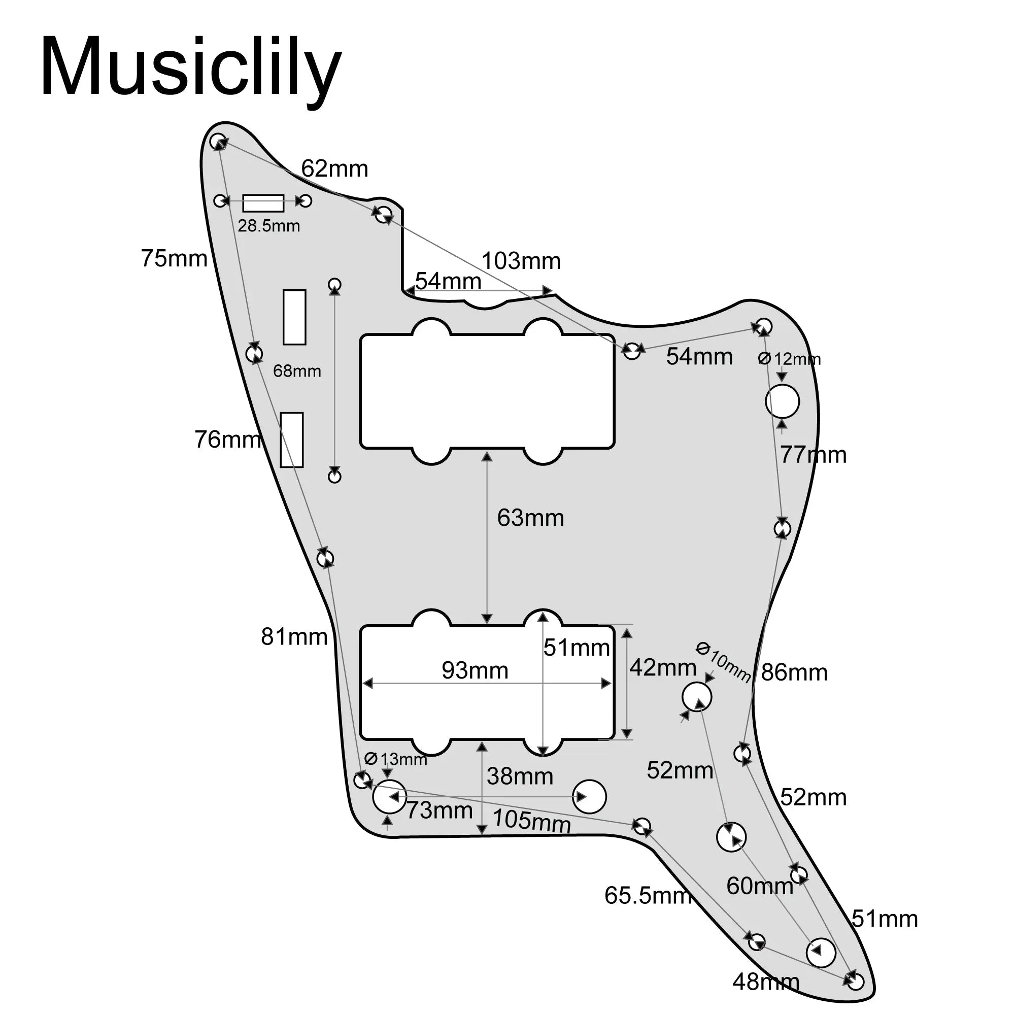 Dimensions of musiclily pro 13 hole guitar pickguard for usa vintage 60s jazzmaster and sq classic vibe 3ply 4ply mx1391p