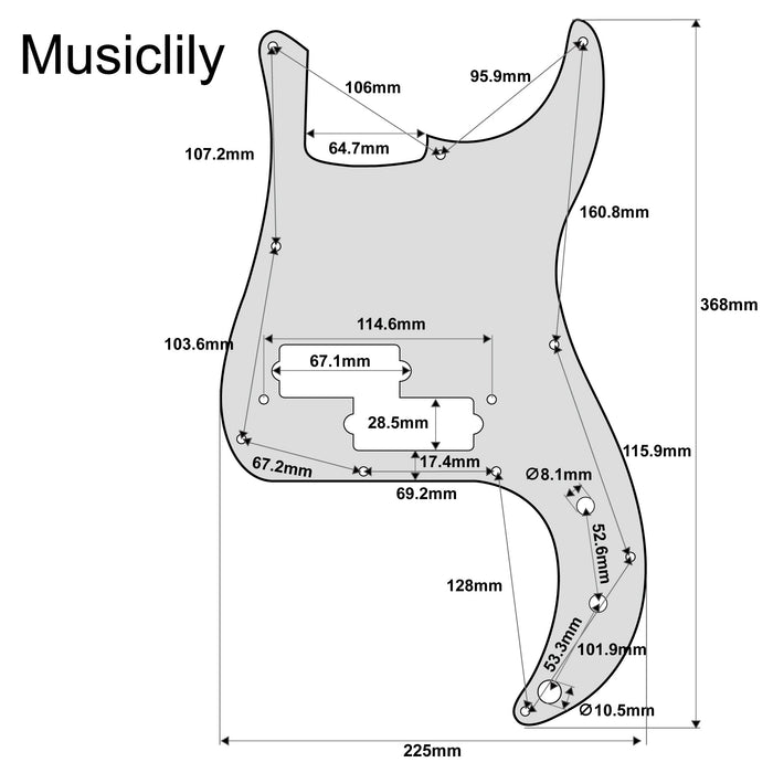 Dimensions of musiclily pro 10 hole p bass pickguard for mij fender japan 4 string precision bass mx1406p
