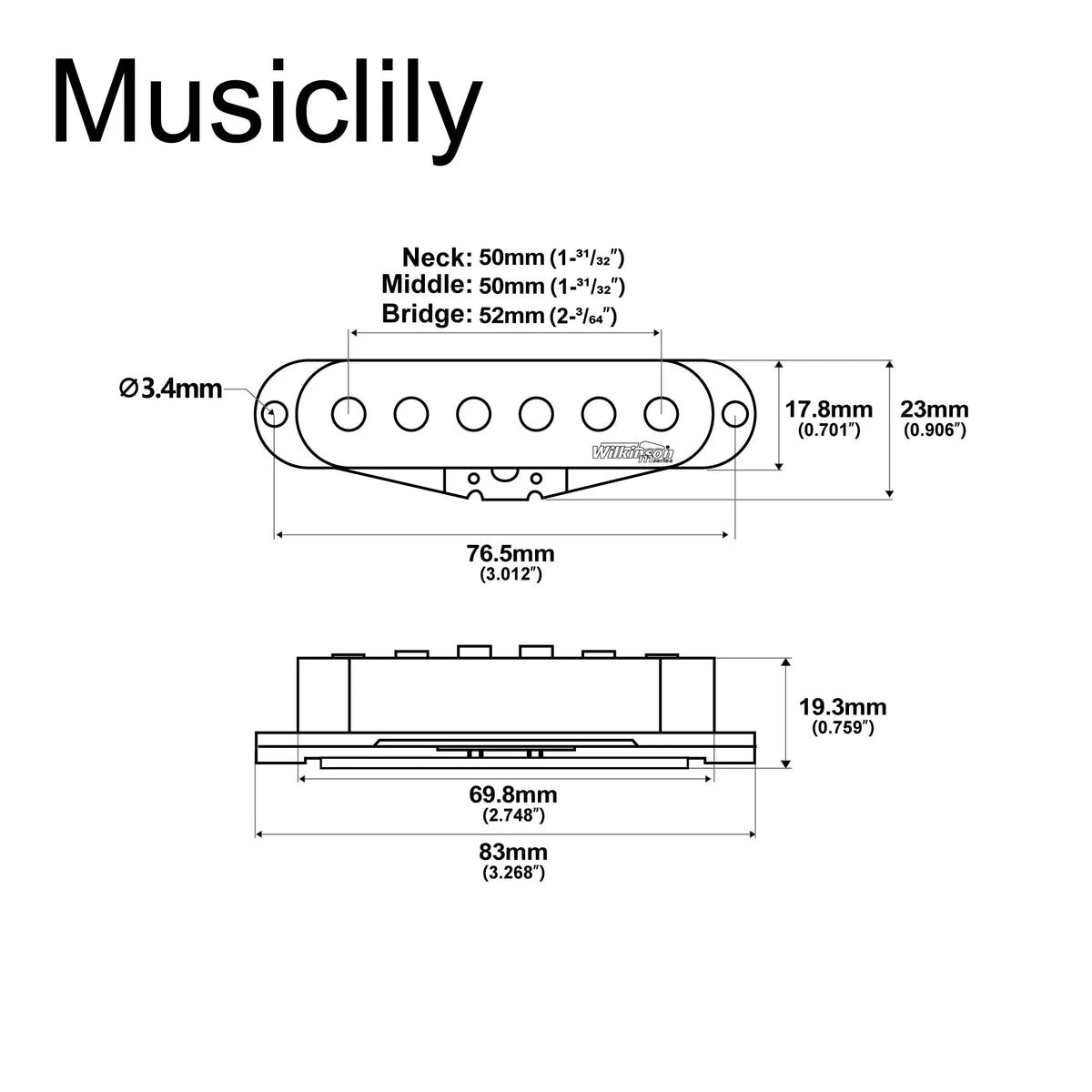 Dimensions of wilkinson m series high output ceramic st single coil pickups set for strat style electric guitar mx1507bkmx1508bkmx1509bk