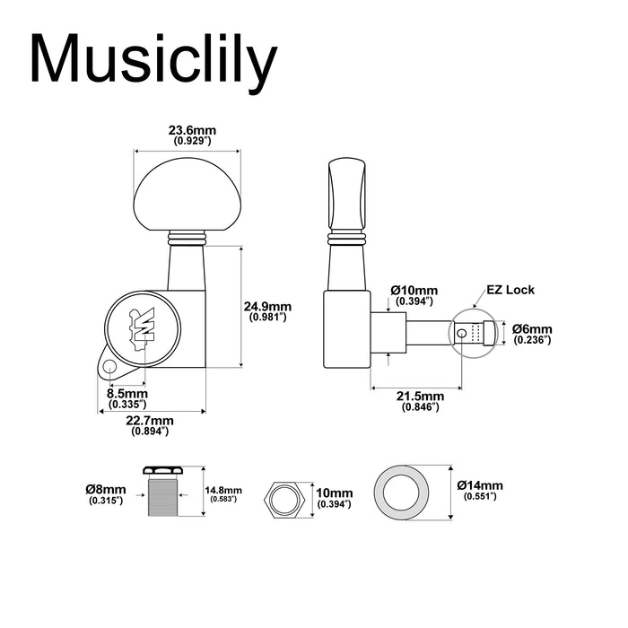 Wilkinson Simple 19:1 Ratio Tête de machine E-Z-LOK scellée complète côté aigu avec bouton demi-lune pour guitare électrique acoustique