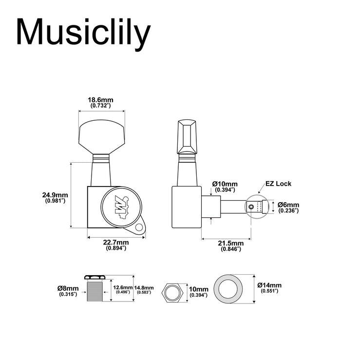 Wilkinson Single 19:1 Ratio E-Z-LOK Full Sealed Machine Head Bass Side Tuner Tuning Peg Key with Hex Button for Strat Tele Style Electric Guitar