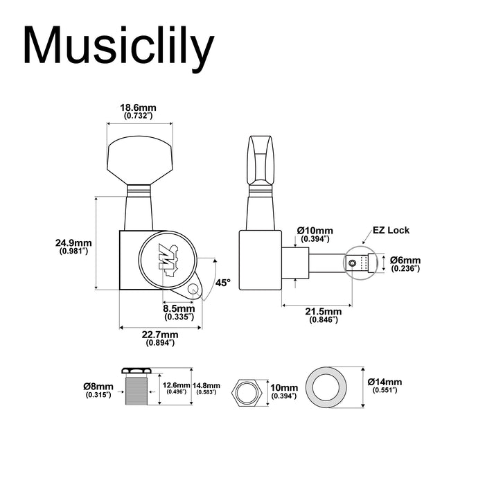 Clavija de afinación Wilkinson Relación 19:1 E-Z-LOK Sellada Completa Lado Bajo con Botón Hexagonal para Guitarra Eléctrica Estilo Strat Tele