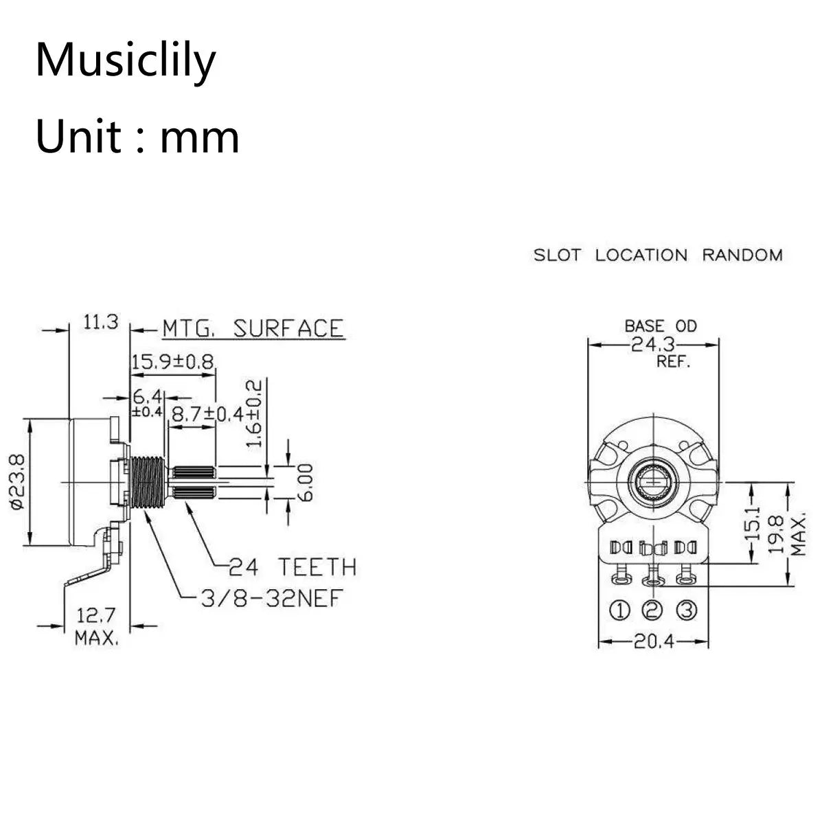 Dimensions of cts 450 a250kx2 b250k pots short split shaft 1 4 inch 10 audio linear taper potentiometers for electric guitar bass set of mx1515 2mx1516