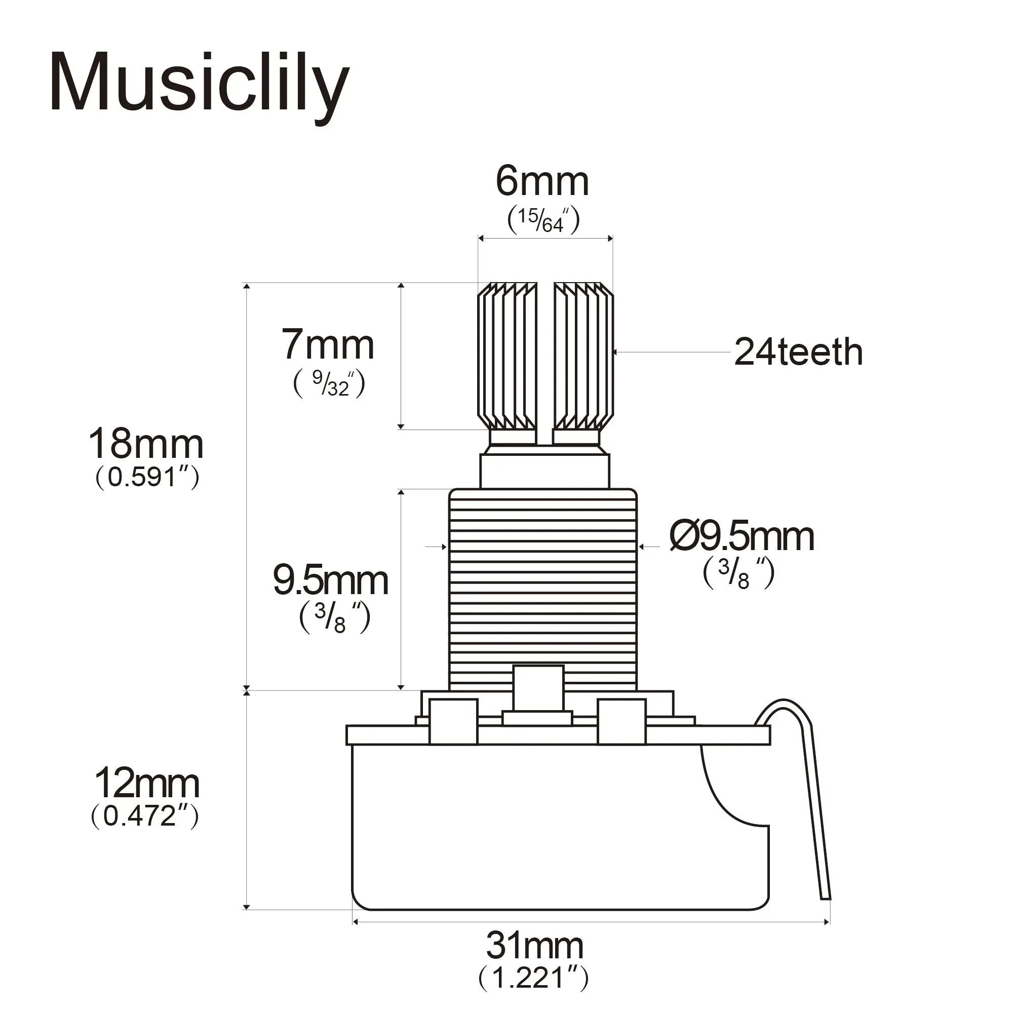 Dimensions of cts 450 a500k pot standard split shaft 3 8 inch 10 audio taper potentiometer for electric guitar bass mx1517