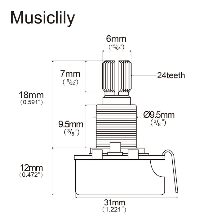 Dimensions of cts 450 a500k pot standard split shaft 3 8 inch 10 audio taper potentiometer for electric guitar bass mx1517
