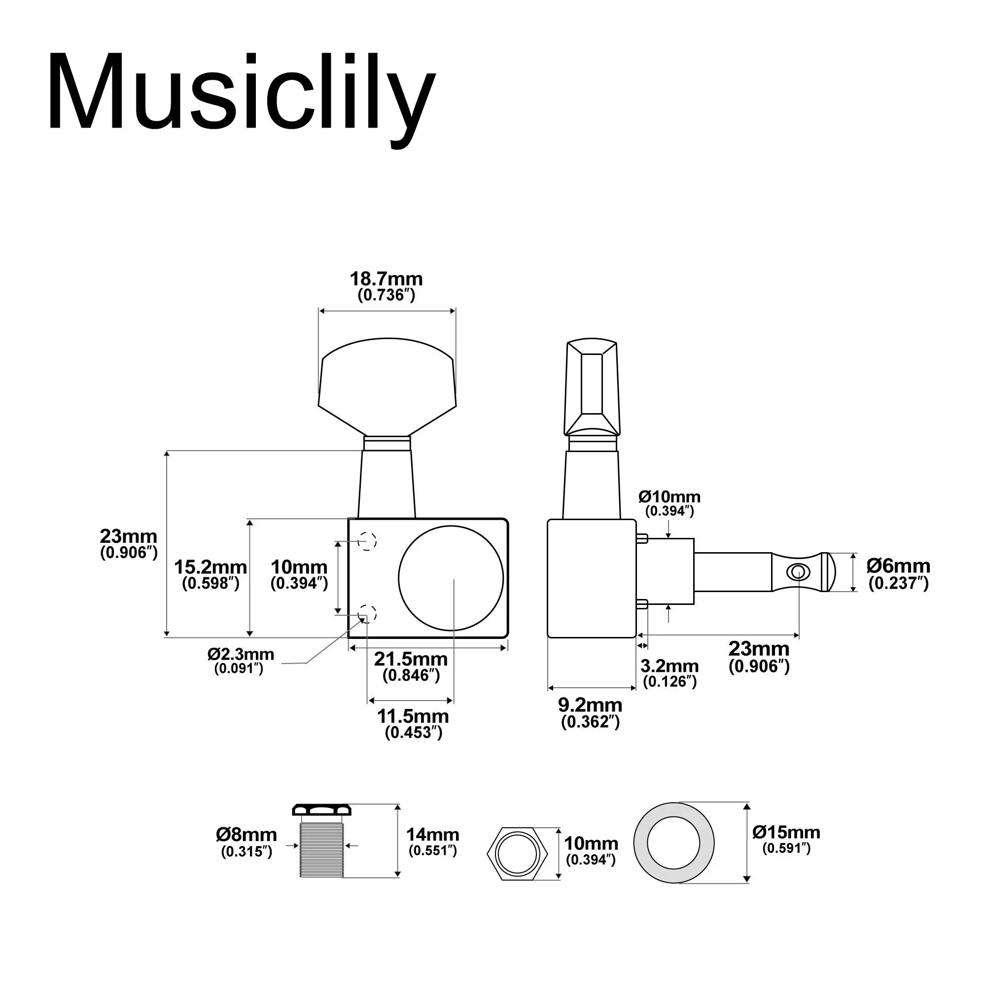 Dimensions of musiclily pro 6 in line 2 pins sealed guitar tuners machine head tuning pegs set for fender strat tele style guitar mx1540 6p