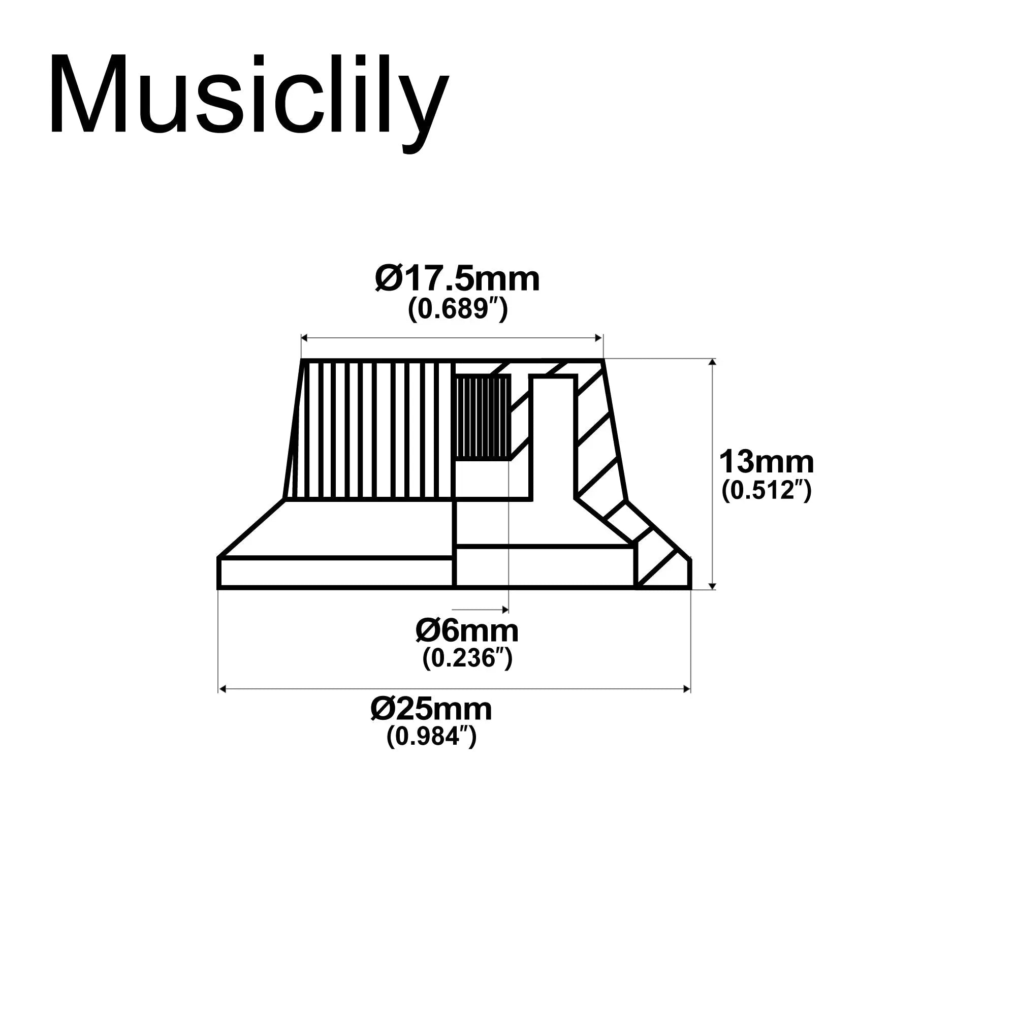 Dimensions of musiclily pro inch size fine 24 splines guitar tone volume control knobs for usa made strat style electric guitar 2 pcst1v mx1563 2mx1564p