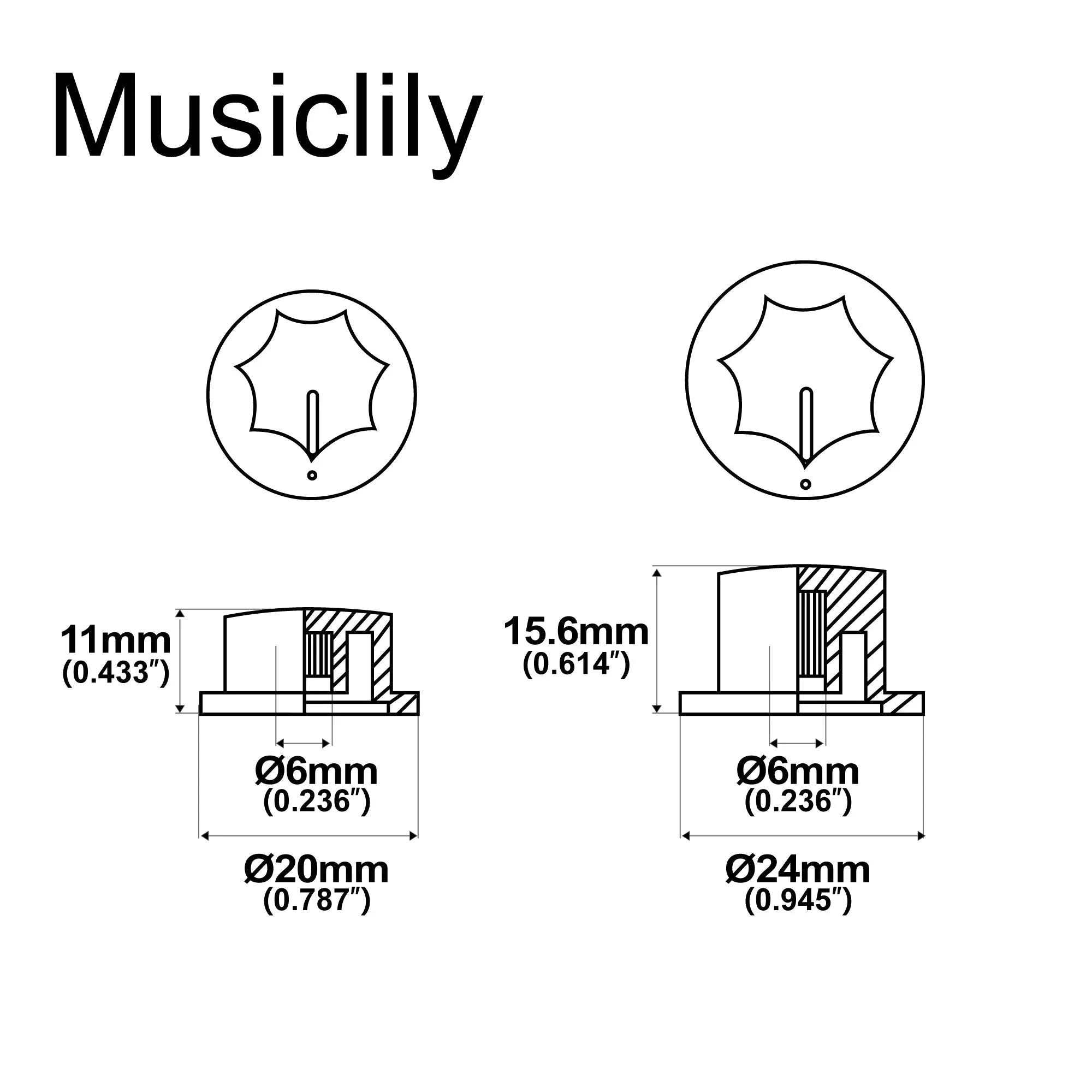 Dimensions of musiclily pro inch size fine 24 spline knobs 2 large 1 small jazz bass knobs set for usa made jb style bass mx1570bk 2mx1569bk