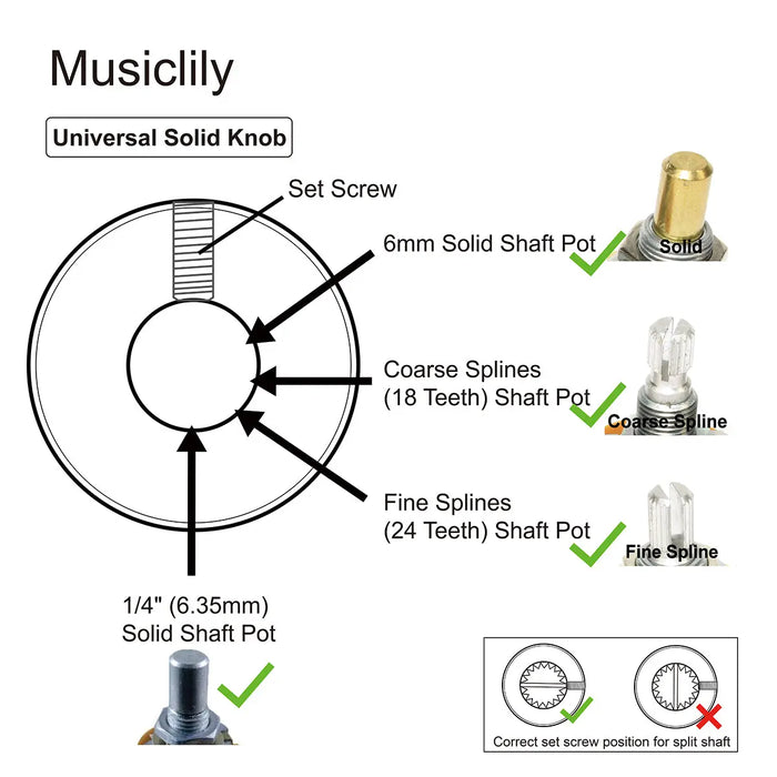 Musiclily Pro 1/4 ocelové jemné vroubkované knoflíky s plochým Musiclily Pro 1/4 ocelové jemné vroubkované knoflíky s plochým