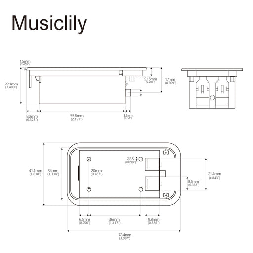 Dimensions of musiclily pro 9 volt battery box case holder compartment for active guitar bass mx1582p