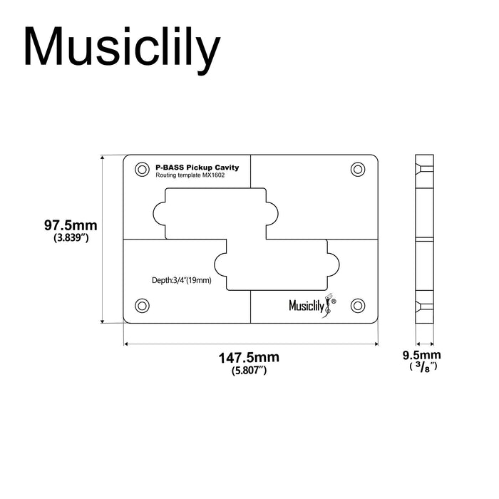 Dimensions of musiclily pro cnc accurate acrylic pickup routing templates for standard precision bass mx1602