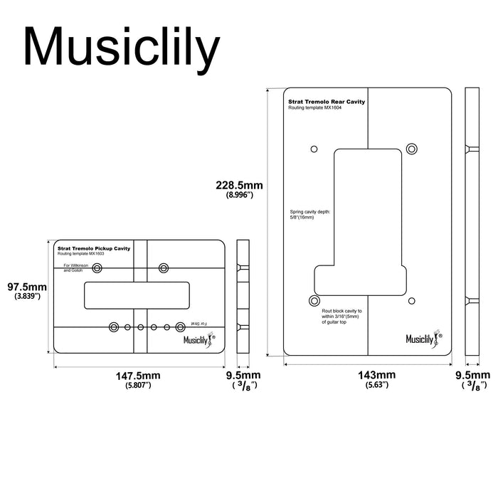Dimensions of musiclily pro cnc accurate acrylic tremolo bridge routing templates set for traditional strat style guitar mx1603mx1604