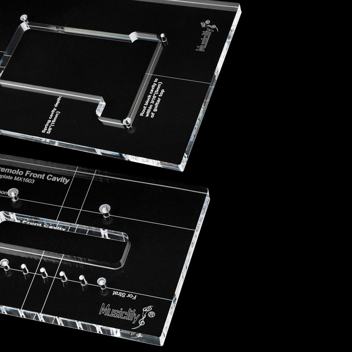 detail of musiclily pro cnc accurate acrylic tremolo bridge routing templates set for traditional strat style guitar mx1603mx1604