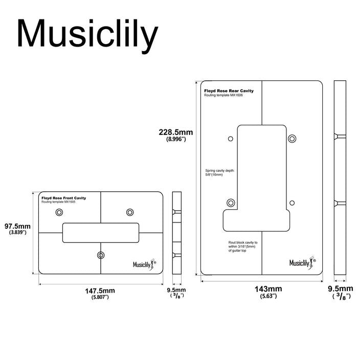 Dimensions of musiclily pro cnc accurate acrylic tremolo bridge routing templates set for floyd rose mx1605mx1606