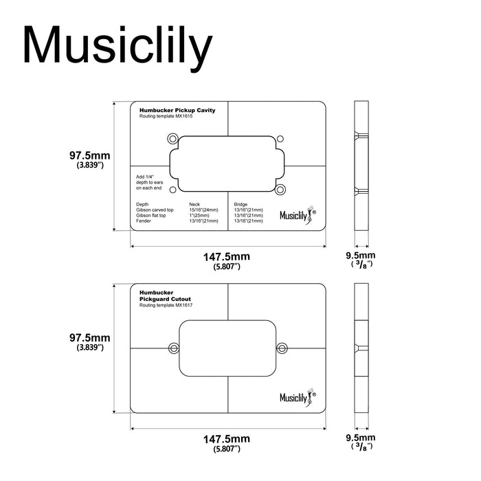Dimensions of musiclily pro cnc accurate acrylic humbucker pickup routing templates set for electric guitar body and pickguard mx1615mx1617