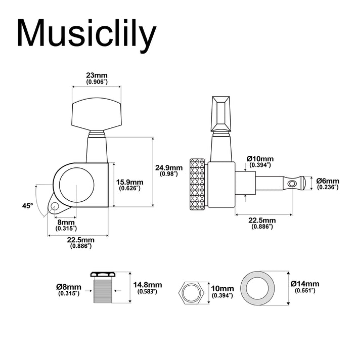 Musiclily Pro R15J Single 15:1 Ratio Full Sealed Locking Machine Head Treble Side Tuner Tuning Peg Key with Big Hex Button 45 Degree Screw for Acoustic Electric Guitar
