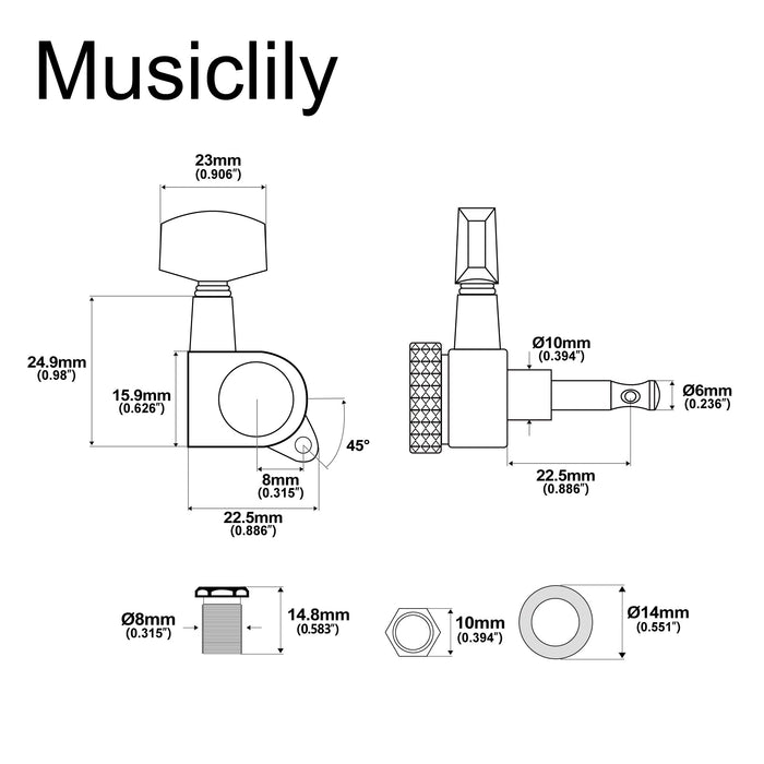 Musiclily Pro Single 15:1 Ratio Full Sealed Locking Machine Head Bass Side Tuner Tuning Peg Key with Big Hex Button 45 Degree Screw for Acoustic Electric Guitar