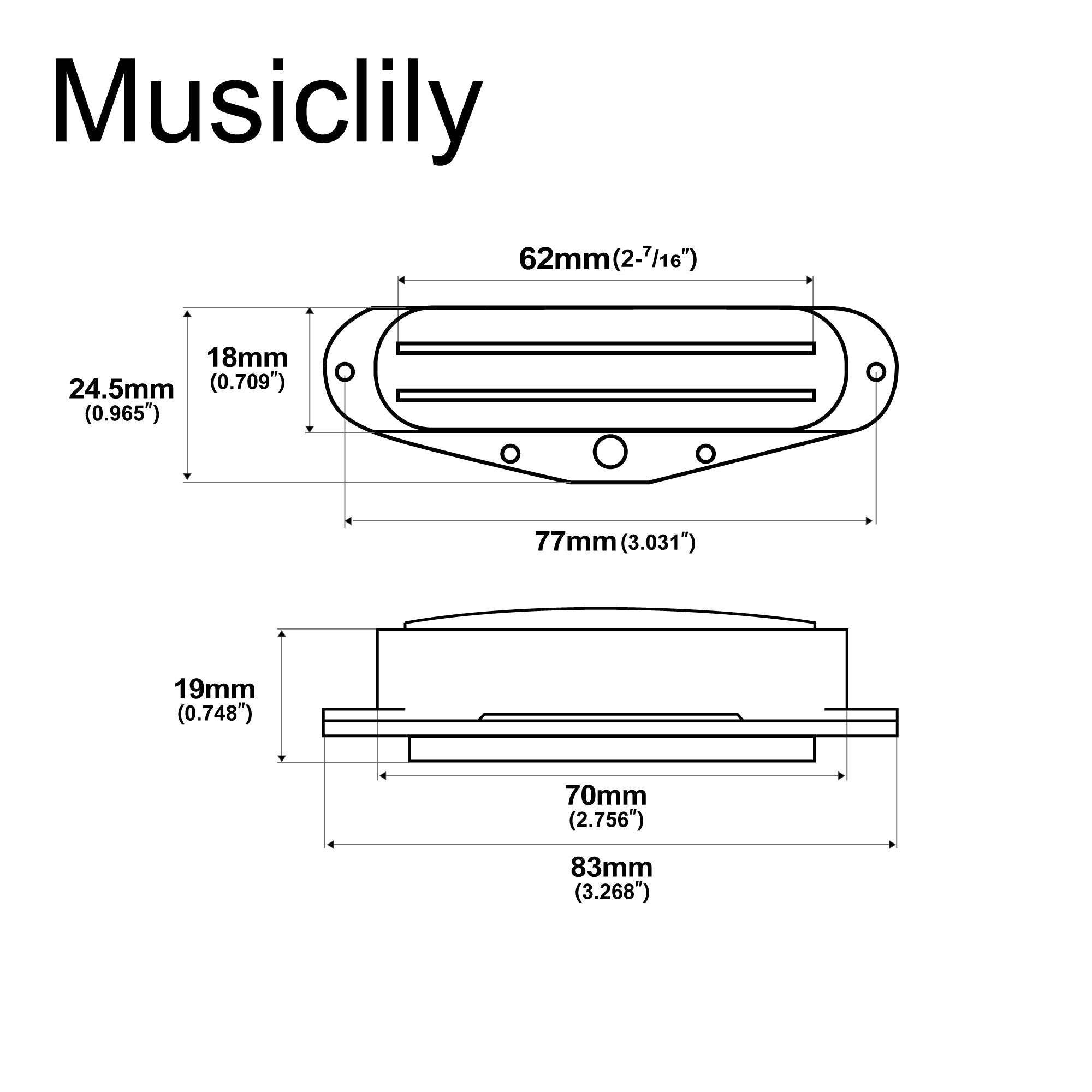 Dimensions of musiclily basic high output rail blade ceramic single coil sized humbucker pickup for strat style electric guitar mx1650p