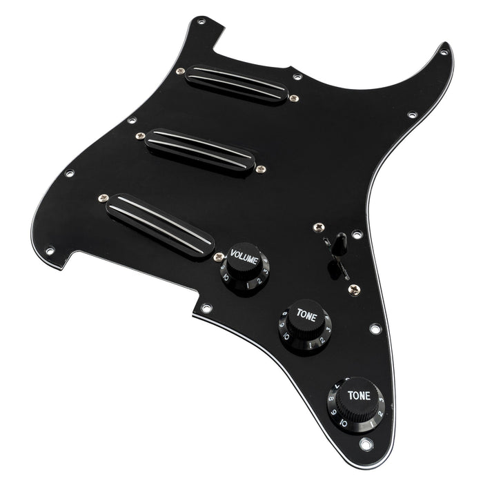 detail of musiclily basic pre wired loaded st sss pickguard with ceramic mini rail humbucker for strat style electric guitar mx1651p