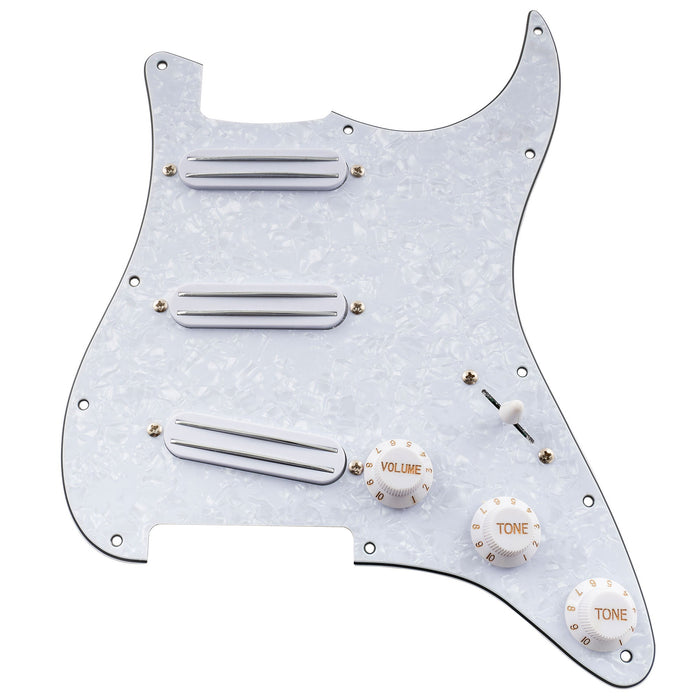 musiclily basic pre wired loaded st sss pickguard with ceramic mini rail humbucker for strat style electric guitar mx1651p, white pearl
