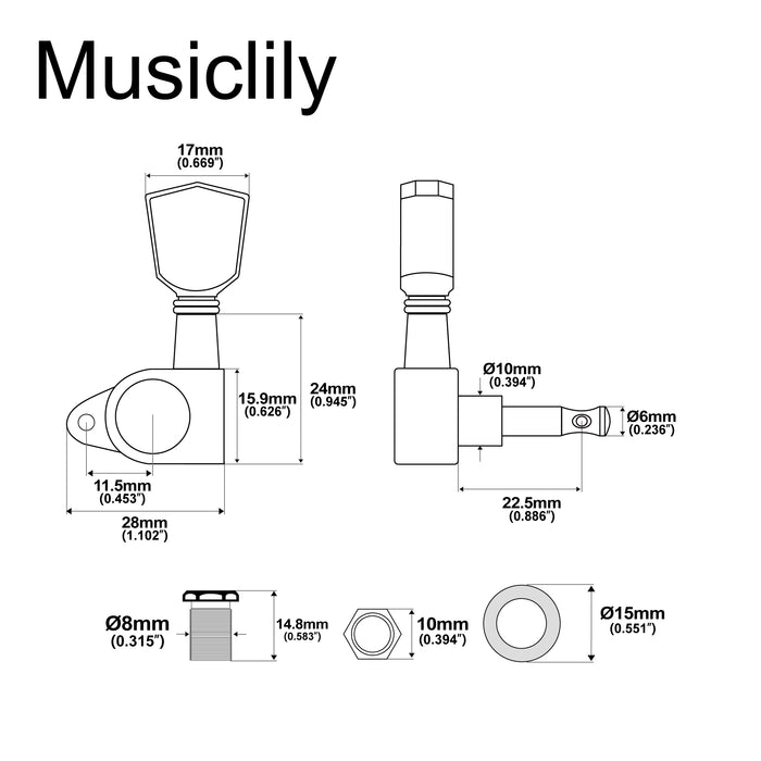 Musiclily Basic R15A Single 14:1 Ratio Full Sealed Machine Head Treble Side Tuner Tuning Peg Key with Keystone Button for Acoustic Electric Guitar