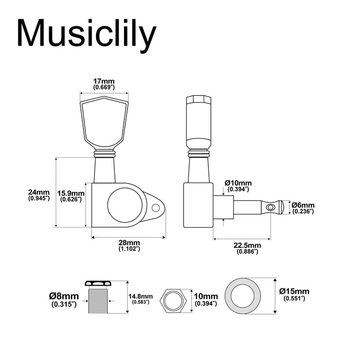 Musiclily Basic R15A Singolo Rapporto 14:1 Testata Macchina Intera Sigillata per Accordatura Lato Basso con Pulsante a Chiave per Chitarra Acustica Elettrica