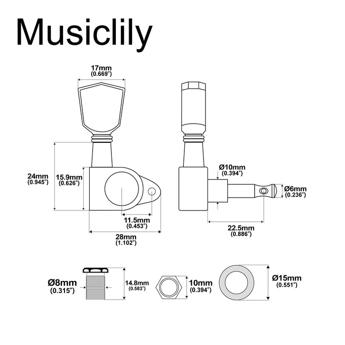 Musiclily Basic R15A Single 14:1 Ratio Full Sealed Machine Head Bass Side Tuner Tuning Peg Key with Keystone Button for Acoustic Electric Guitar