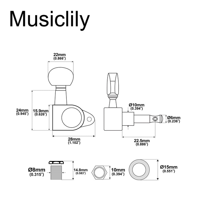 Dimensions of musiclily basic 3r3l 14 1 ratio full sealed machine heads tuners tuning pegs keys with half moon button right angle screw for acoustic electric guitar mx1657 3mx1658 3p
