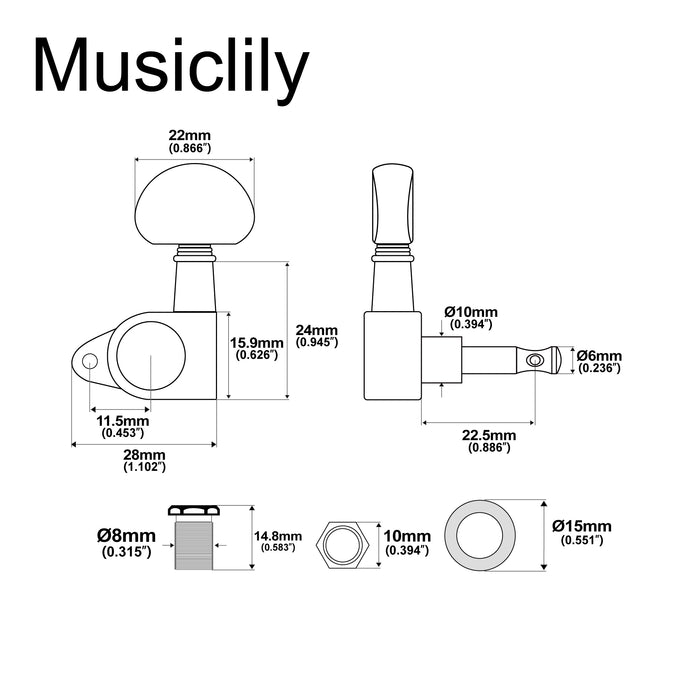 Musiclily Basic R15A Single 14:1 Ratio Full Sealed Machine Head Treble Side Tuner Tuning Peg Key with Half Moon Button for Acoustic Electric Guitar