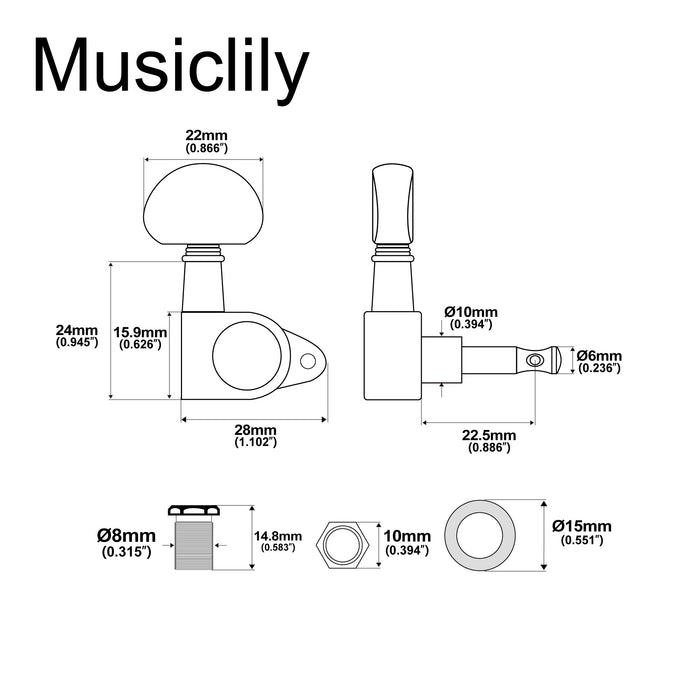 Musiclily Basic R15A Singolo Rapporto 14:1 Testata Macchina Intera Sigillata per Accordatura Lato Basso con Pulsante a Mezzaluna per Chitarra Acustica Elettrica