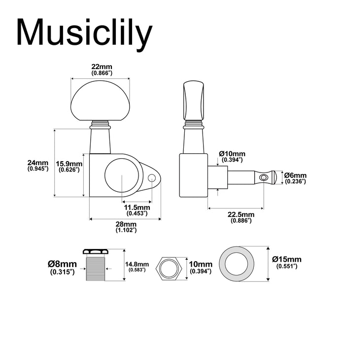 Musiclily Basic R15A Single 14:1 Ratio Full Sealed Machine Head Bass Side Tuner Tuning Peg Key with Half Moon Button for Acoustic Electric Guitar