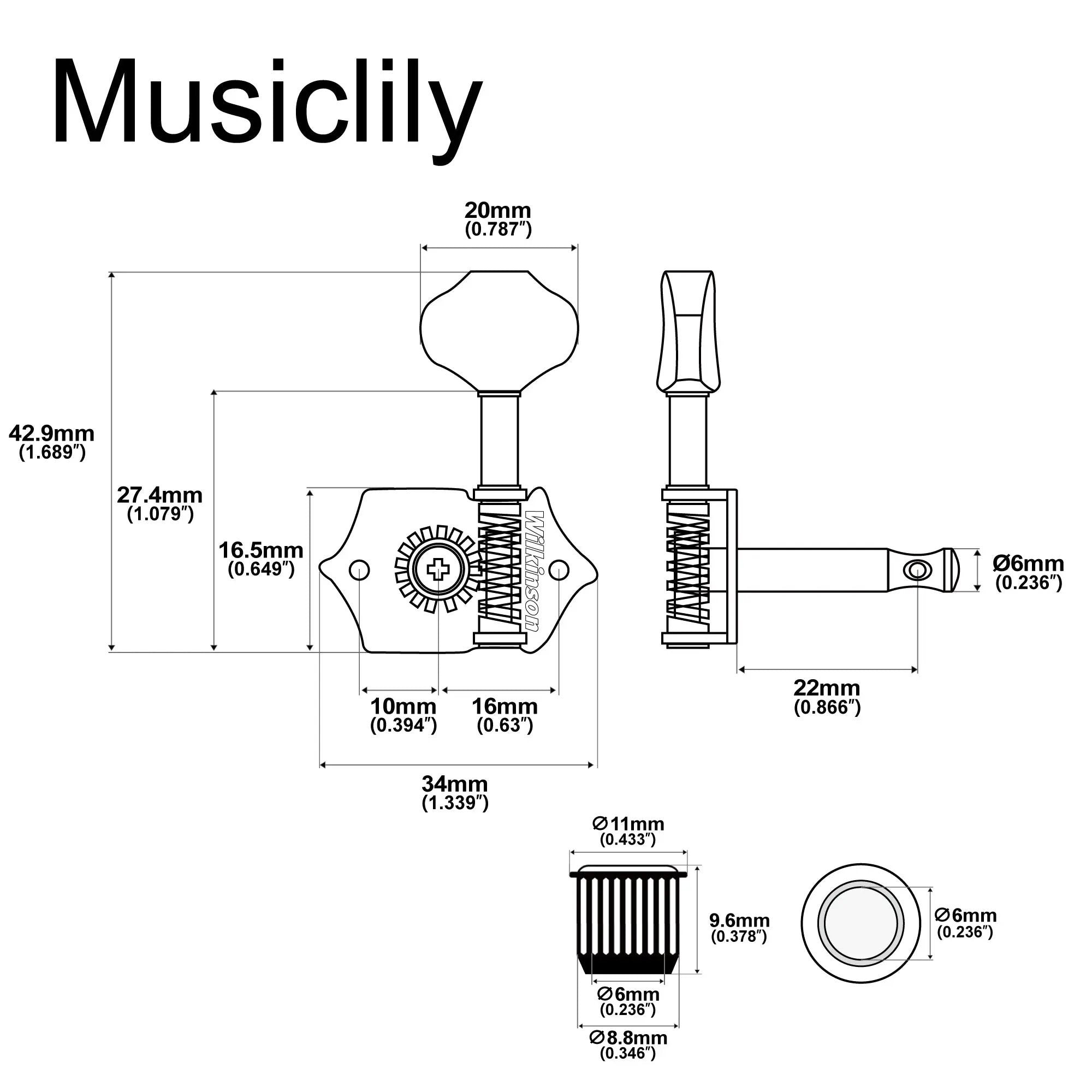 Wilkinson 3R3L 19:1 Ratio Open Gear Machine Heads Tuners Tuning Pegs Keys with Butterbean Button for Acoustic Electric Guitar Wilkinson