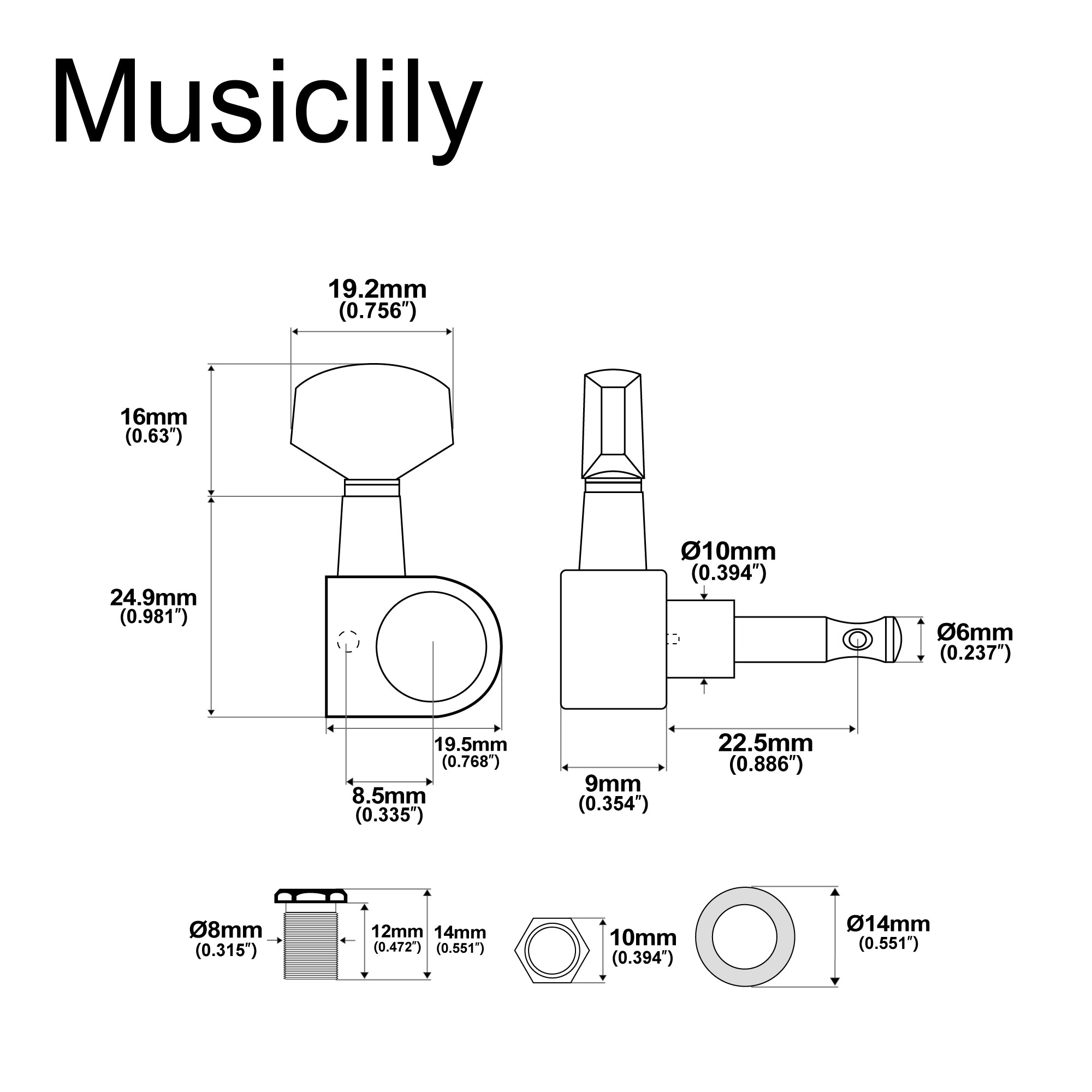Musiclily Pro R15J-15 6-in-line 15:1 Rapporto, 1-pin, coprimolle completamente sigillate con pulsante esagonale per chitarra elettrica stile SQ Strat Tele