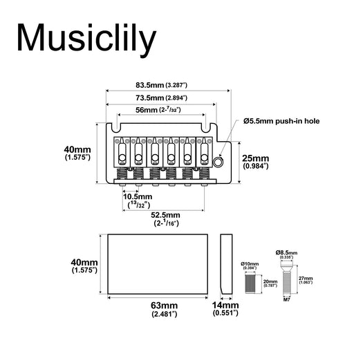 Dimensions of musiclily pro 52 5mm2 1 16 inch steel saddles full block 2 stud style guitar tremolo bridge for american strat style electric guitar mx1701p
