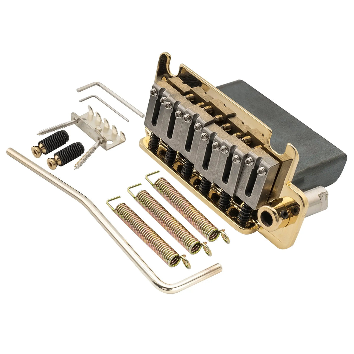 musiclily pro 52 5mm2 1 16 inch steel saddles full block 2 stud style guitar tremolo bridge for american strat style electric guitar mx1701p, gold