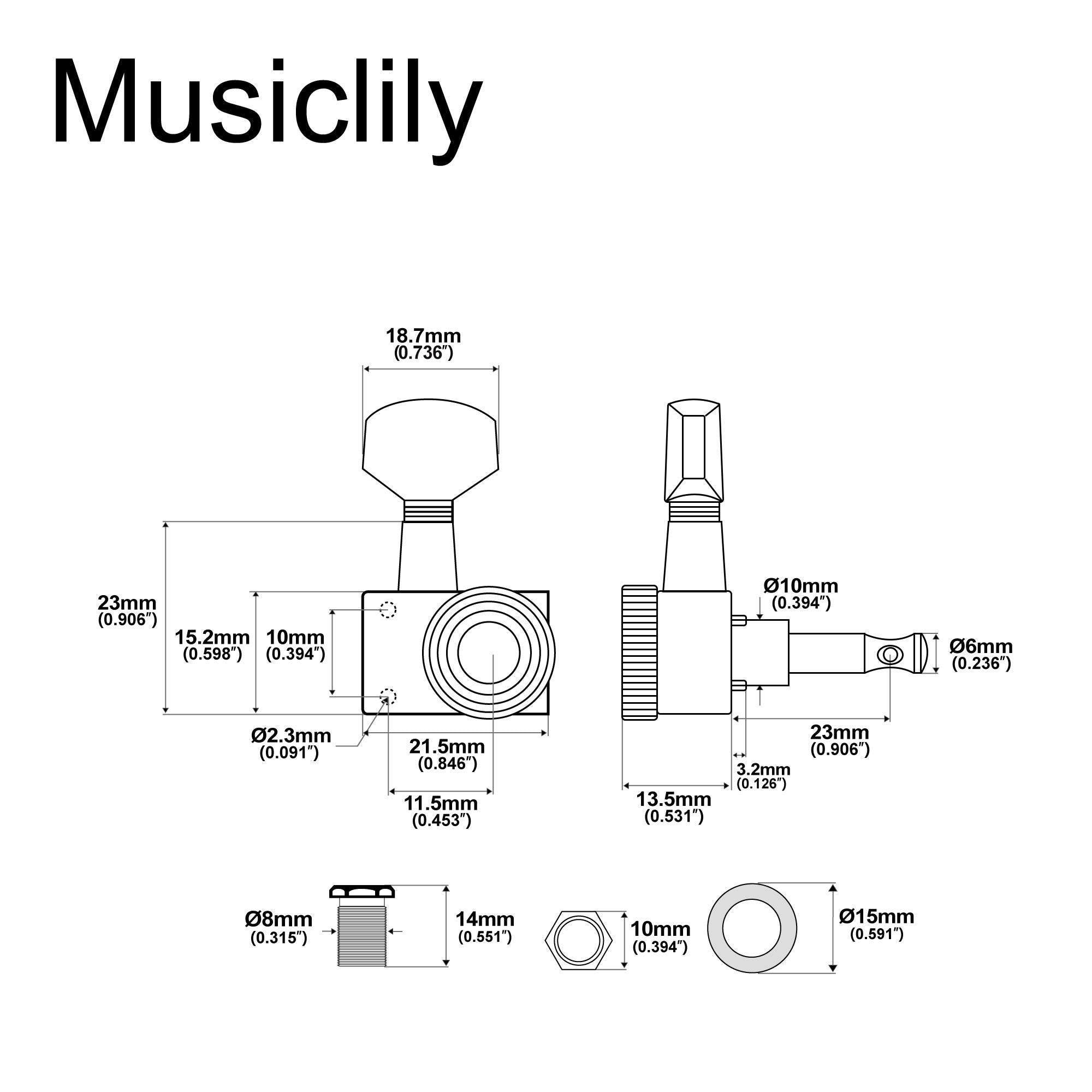 Musiclily Pro R15T-03 mécaniques de verrouillage en métal complet pour guitare à 6 lignes, set de clés d'accordage pour guitare électrique de style Fender Strat/Tele