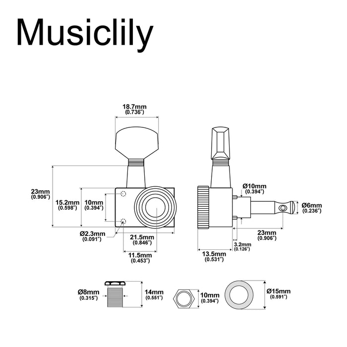 Musiclily Pro R15T-03 Singolo, lato basso, 16:1 Rapporto, 2 pin, completamente sigillato, blocco, chiave per testa di tuning, con pulsante esagonale per chitarra elettrica stile Fender Strat Tele